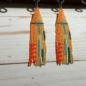 Beaded Fringe Earrings in Orange and Tan